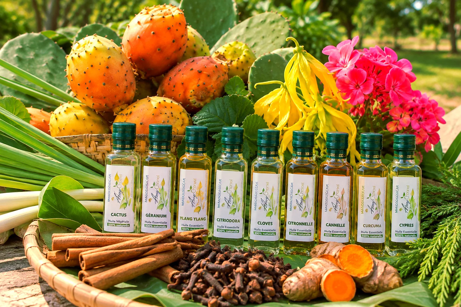 Huiles AmyChanel avec figues de barbarie, ylang-ylang, géranium et plantes
